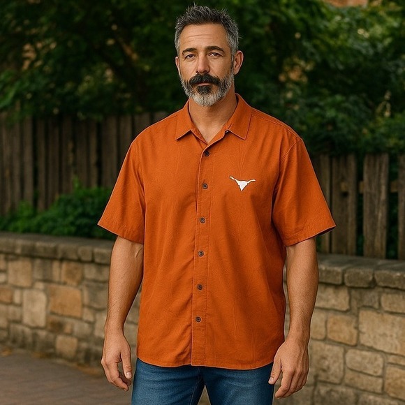 Tommy Bahama Shirt 2XL Coconut Point Orange Palm Tree Texas Longhorns Button Up - Picture 1 of 10